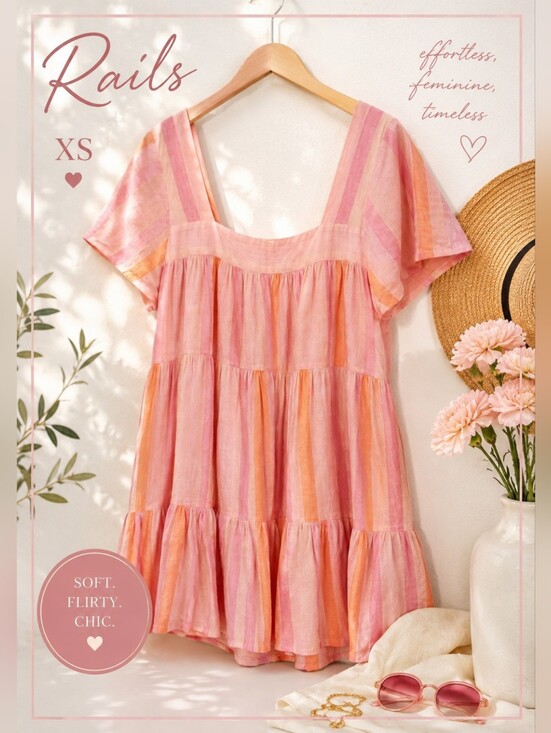 Rails Dresses & Skirts - Rails Dawn Stripe Mini Dress XS Pink Peach Boho Tiered Flutter Sleeve Chic